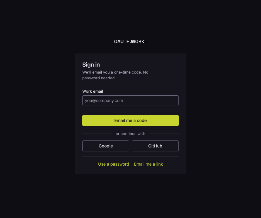 The hosted sign-in screen: a one-time email code, Google and GitHub, with password and magic-link alternatives underneath.