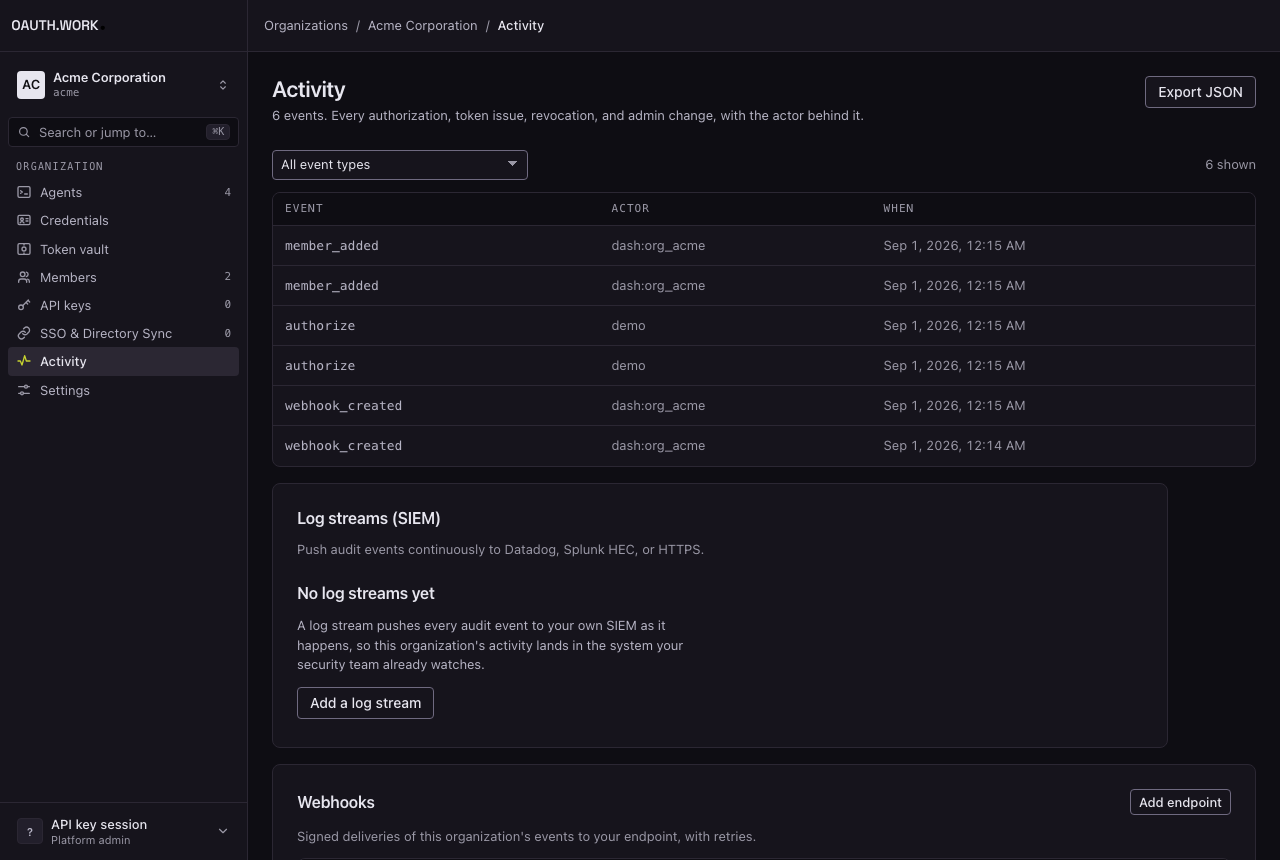 The activity screen in the console, with the audit trail and the SIEM log-stream and webhook panels beneath it.