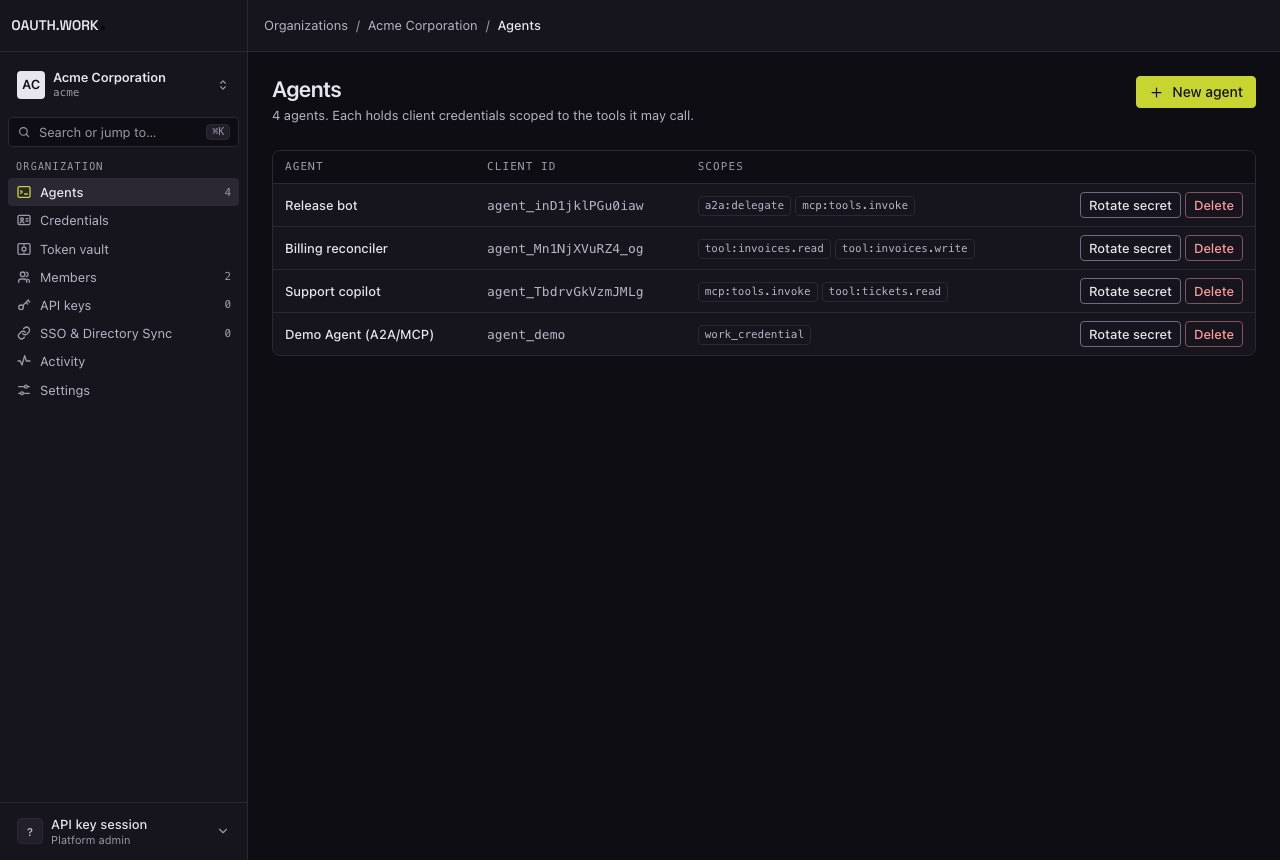 The agents table in the console: three agents, each with its client id and the tool scopes it may call.